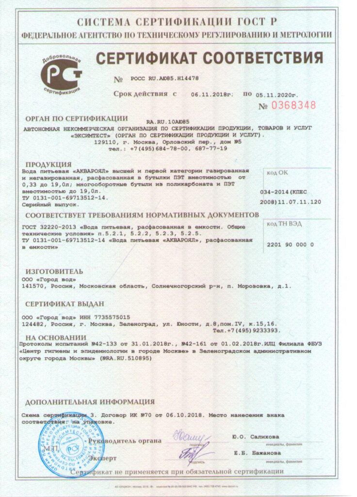 Сертификат на воду Аквароял